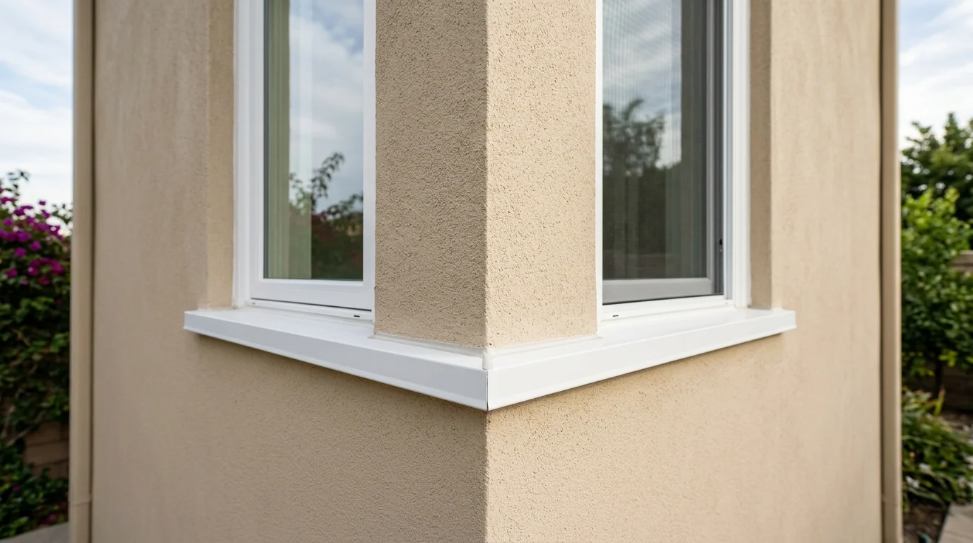 Clean synthetic stucco wall with a close view of a window joint