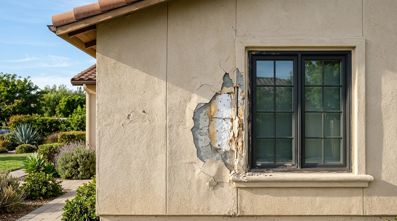 Residential foam cladding wall that looks like siding, with finish damage beside a window