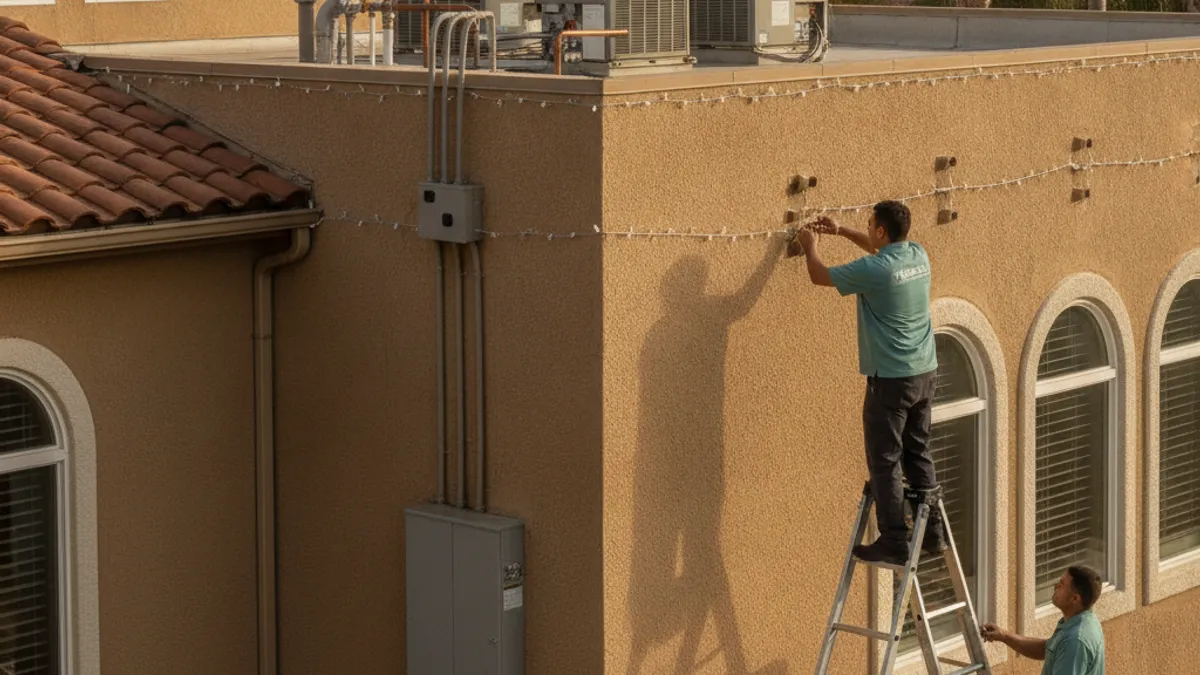 String lights clipped along the roofline of a stucco home in San Diego without any nails or drilled holes