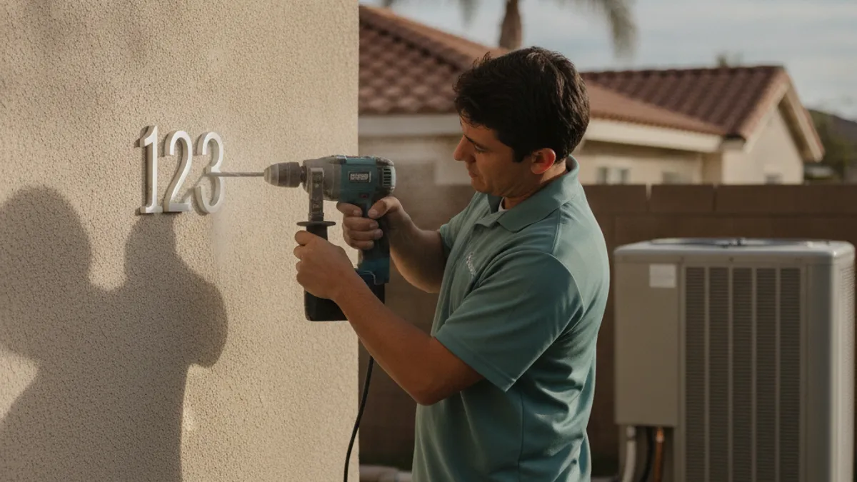 A masonry drill bit being used to mount house numbers on a stucco wall in San Diego