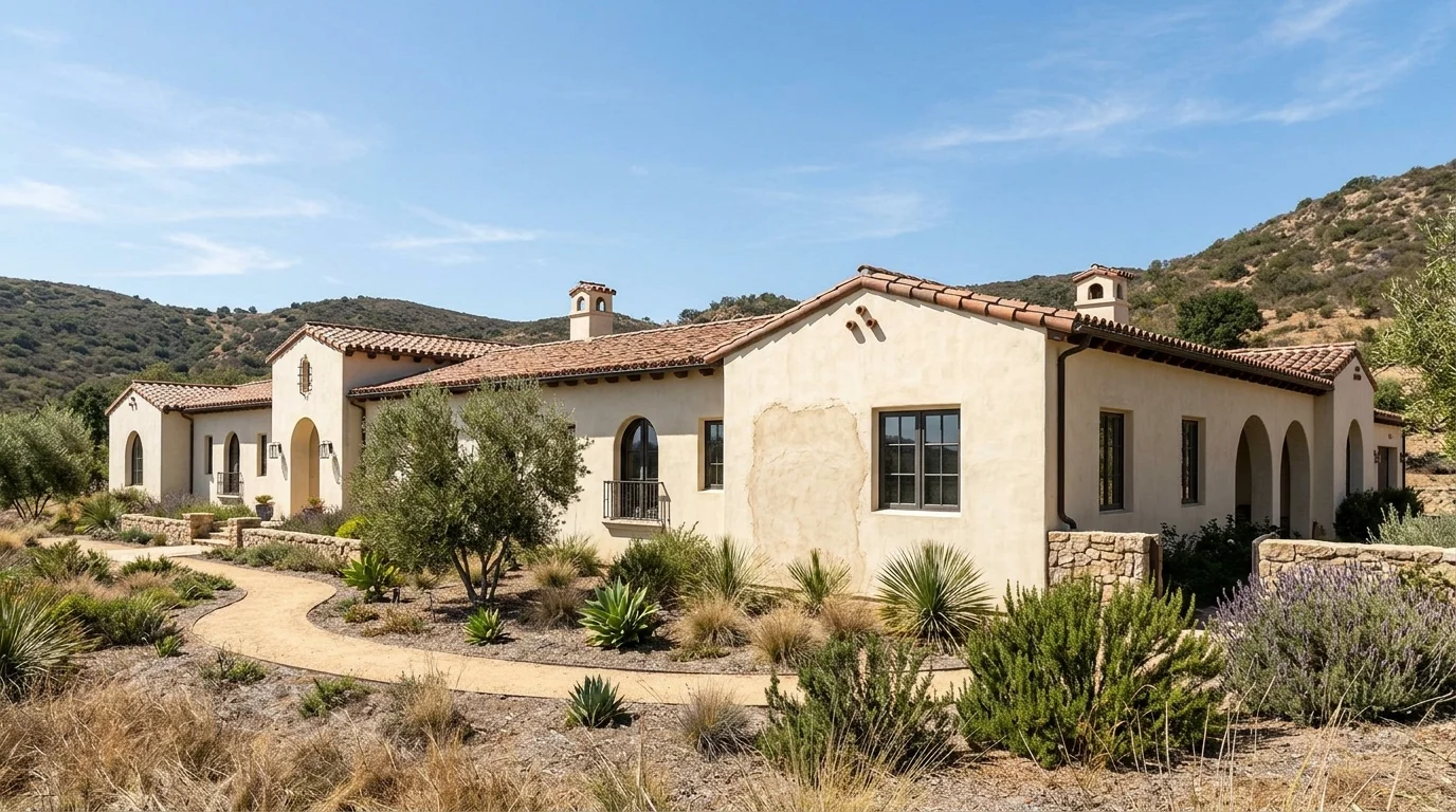 Rancho Santa Fe estate with a long cream stucco elevation and a localized patch near a window