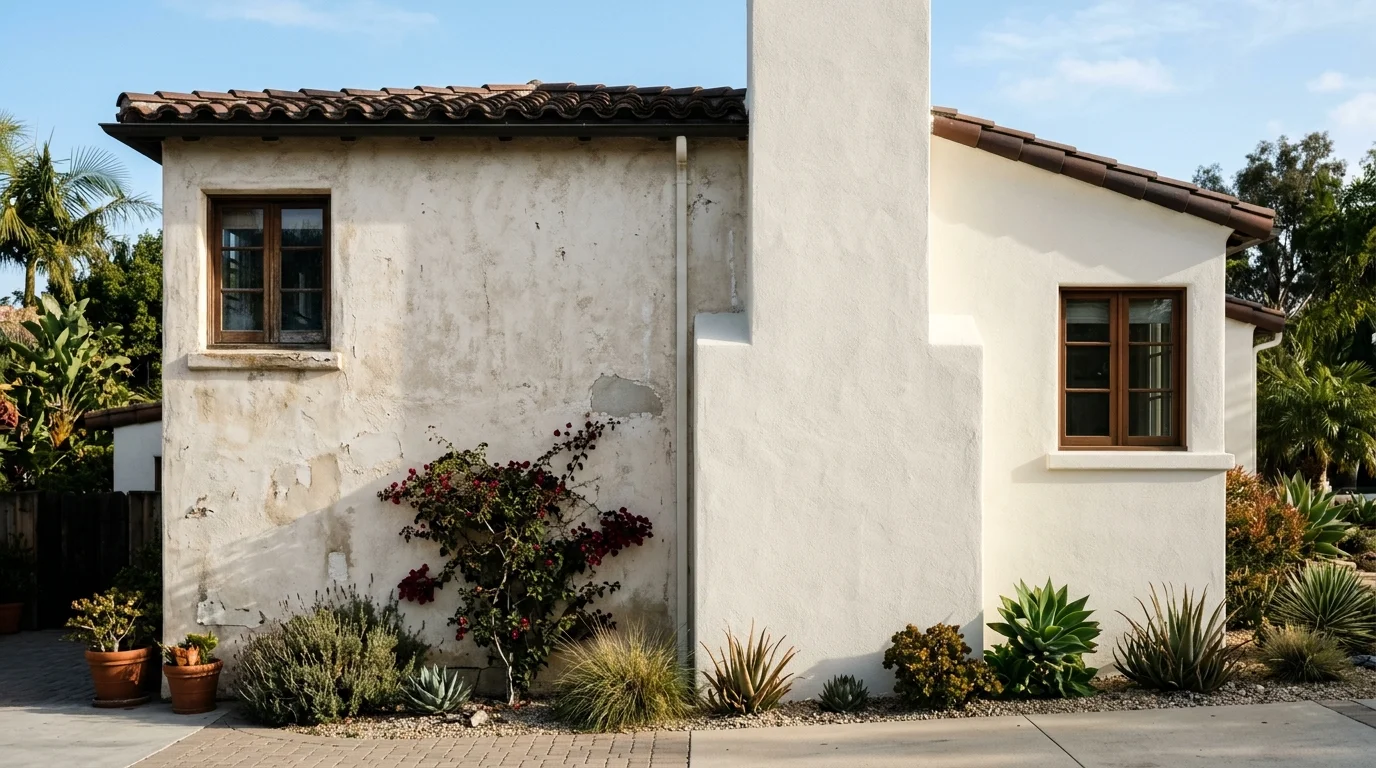 San Diego house with faded stucco beside a freshly recoated wall
