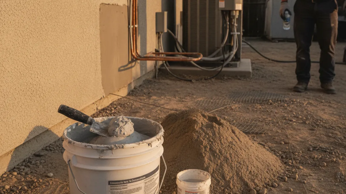 Close-up of stucco repair materials including patch compound and a trowel on a San Diego job site