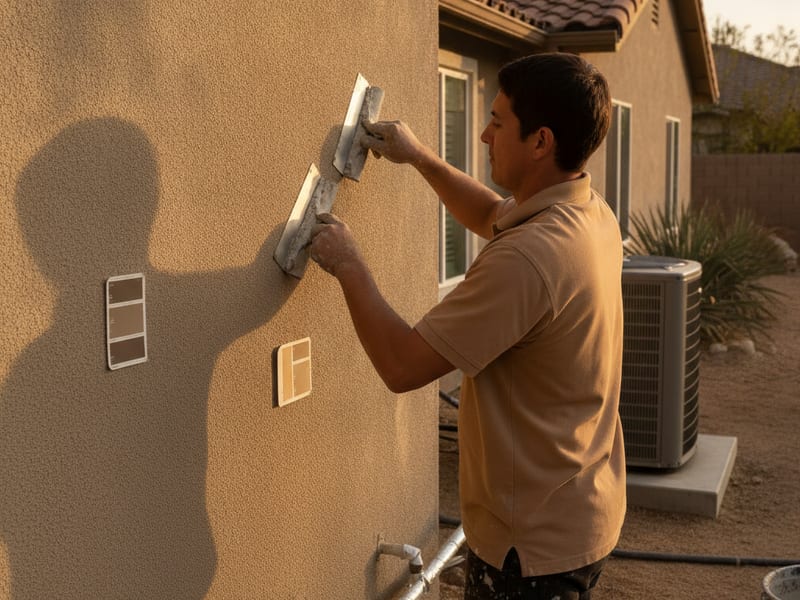 Stucco crew applying a fresh sand finish color coat to the exterior wall of a San Diego home