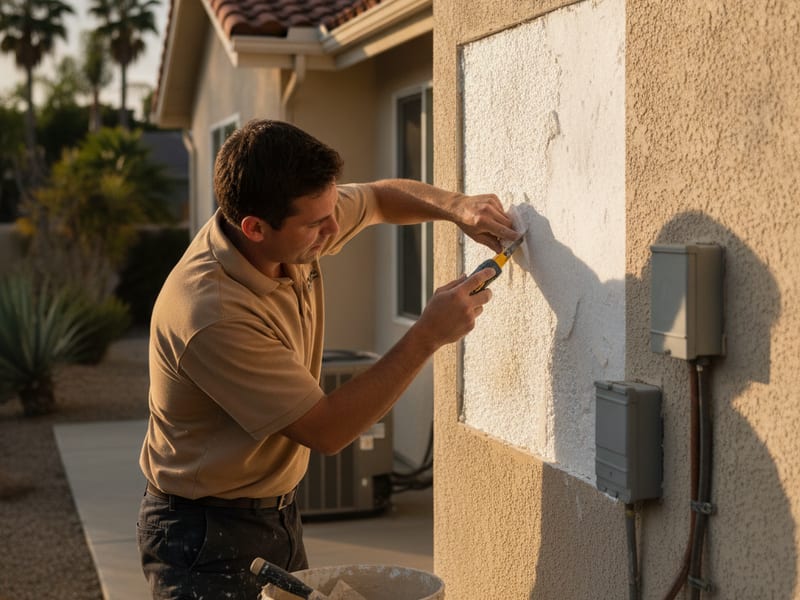 EIFS repair crew patching delaminated synthetic stucco on a San Diego commercial building exterior