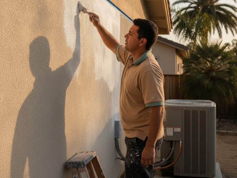 Stucco exterior being prepared for painting, showing crack sealing and primer application on a San Diego home