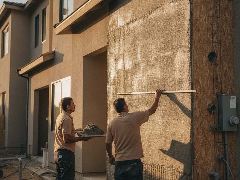 Stucco crew applying a scratch coat over fresh metal lath on new construction in San Diego County