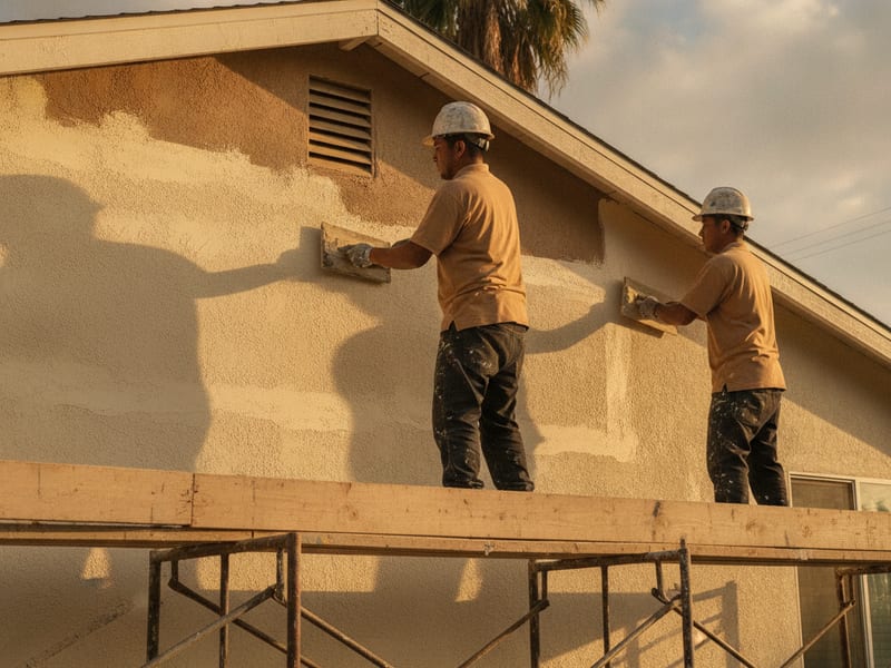 Stucco crew applying a fresh brown coat to the exterior of a San Diego home during a full re-stucco project