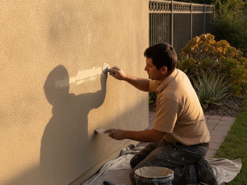 Close view of a stucco crack repair in progress on a San Diego home exterior with fresh material being applied