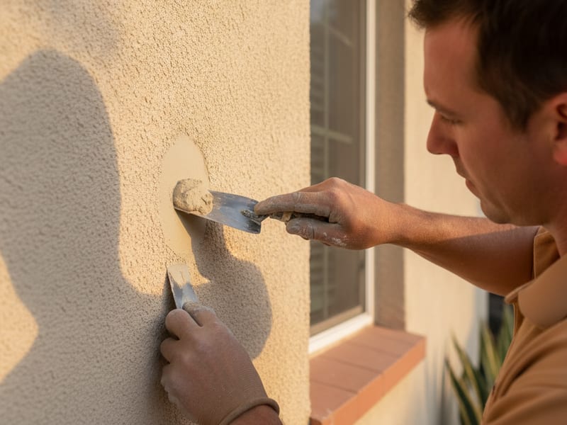 Stucco crew applying a patch repair to an impact-damaged section of a San Diego home exterior wall