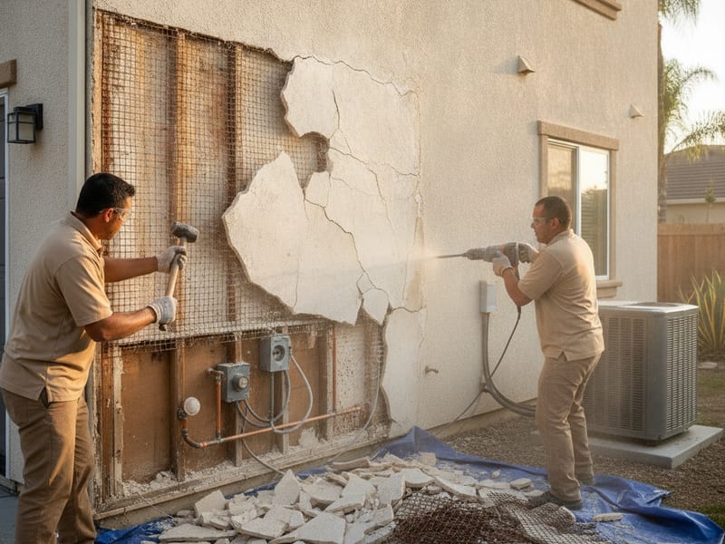 Stucco removal crew demolishing failing exterior stucco on a San Diego home to expose the metal lath beneath
