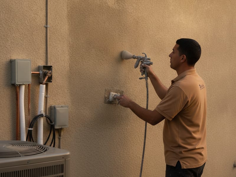 Stucco craftsman applying a skip trowel texture to a repair section on a San Diego home exterior to match the surrounding wall