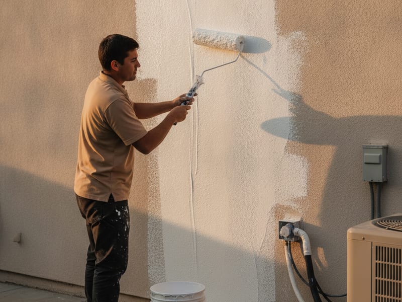 Stucco crew applying an elastomeric waterproofing coating to the exterior wall of a San Diego coastal home